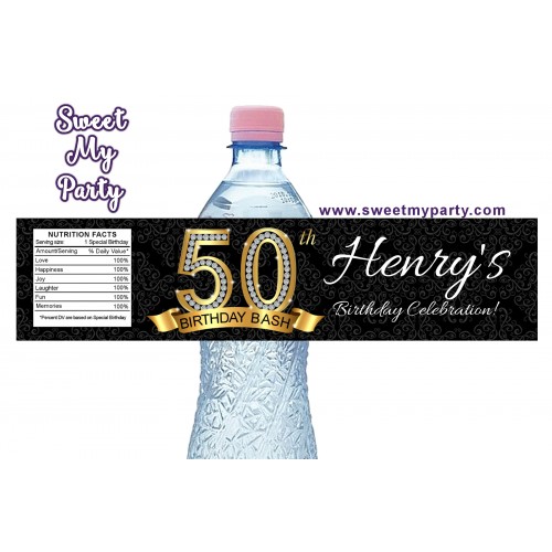 50th Birthday water bottle labels,Gold Diamond personalized water bottle labels,(2ab)